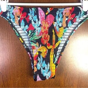 Bikini Bottom Black Ribbed Multi-Color Floral Medium Beach Pool Swim NWOT